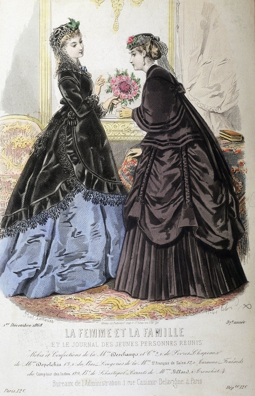 Kjoler og frisyre - i "Kvinnen og familien og avisen til de unge gjenforent""" av 01.12.1868. av French School