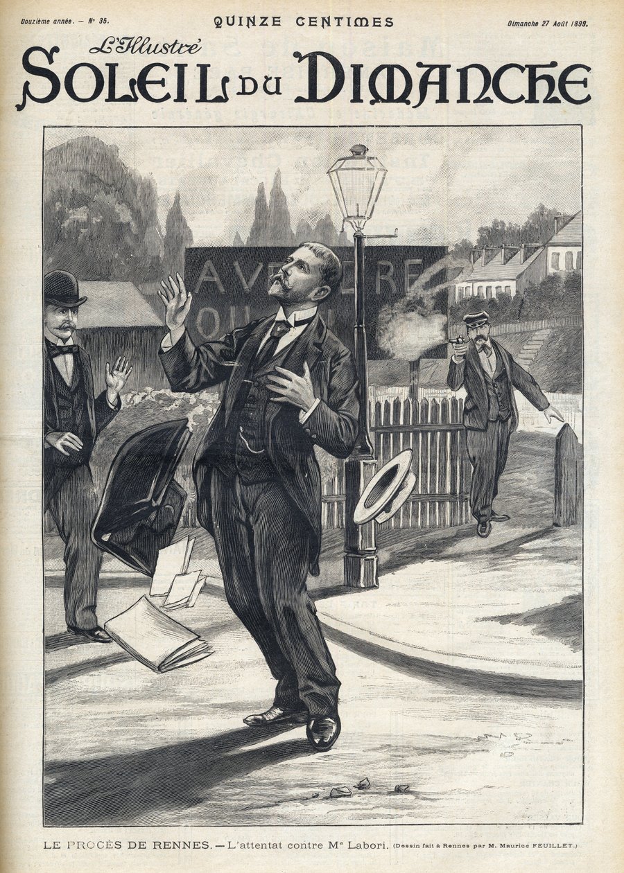 Dreyfus-affære - Drapsforsøk på Maitre Labori under Rennes-rettssaken - Angrep mot Fernand Labori (1860-1917), en forsvarsadvokat til Alfred Dreyfus (1859-1935), slo med en kule i ryggen i Rennes mens han var på sin veien til stedet der av French School