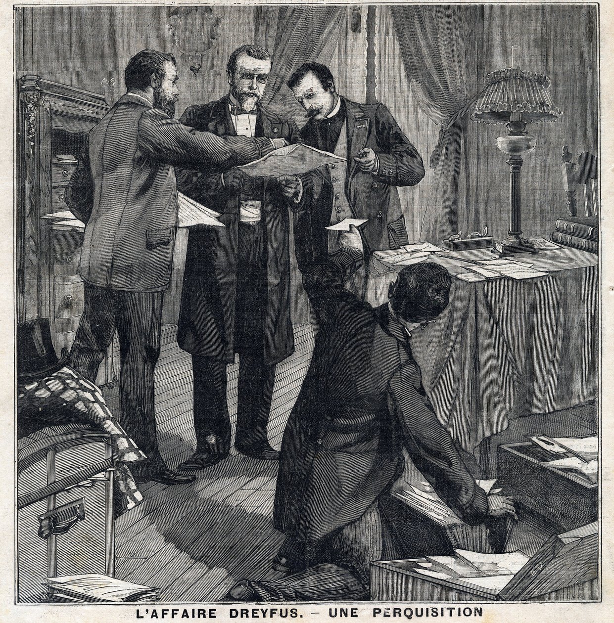 Dreyfus-sak: Tre sivilbetjenter og en politimester foretar en ransaking av Georges Picquarts hjem (1854-1914). I "" Le Peute Parisien"" den 5/12/1897. Privat samling av French School