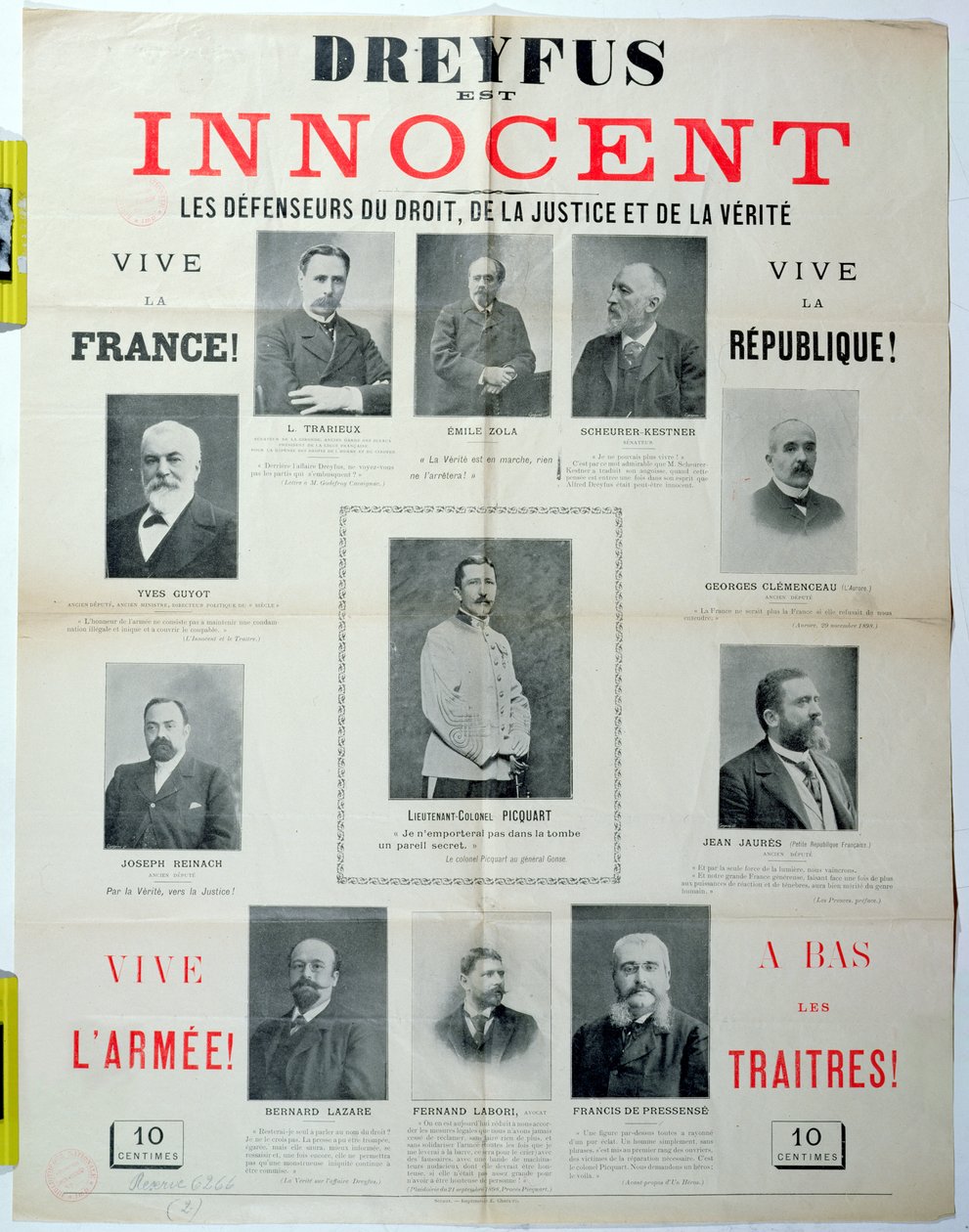 Dreyfus est Innocent, plakat med portrettene av hans forsvarere, sent på 1800-tallet av French School