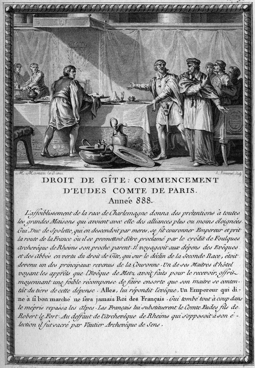 Droit de Gite, Begynnelsen av Eudes, greve av Paris, år 888. Kong Guy (Gui) III, hertug av Spolete (død 894) ble heberger av Eveque of Metz under høyre for en hytte (feodal rett som gir en herre rett å være heberger av folket sitt når han flytter inn av French School