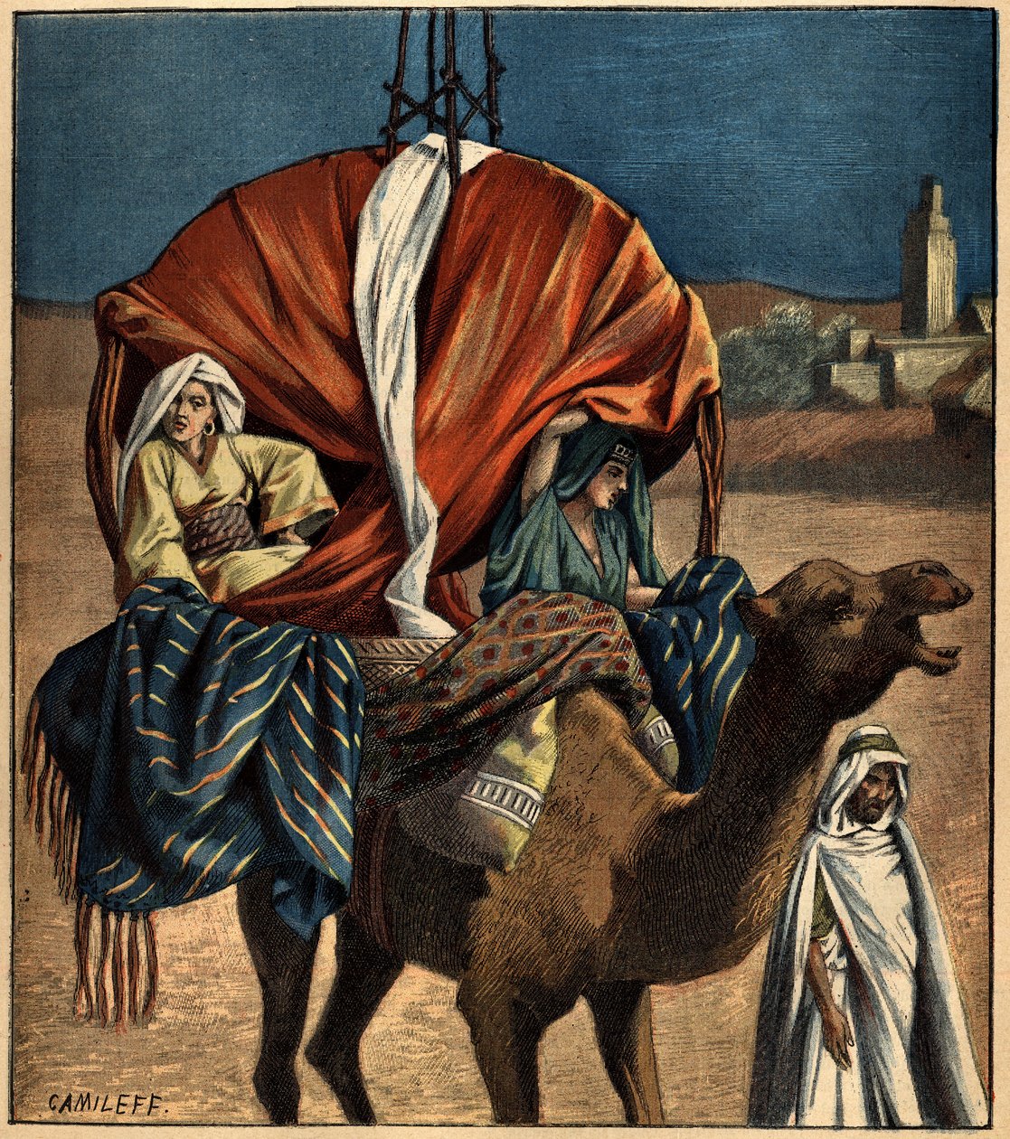 Dromedarbruk som transportmiddel. Tunisia, Afrika av French School