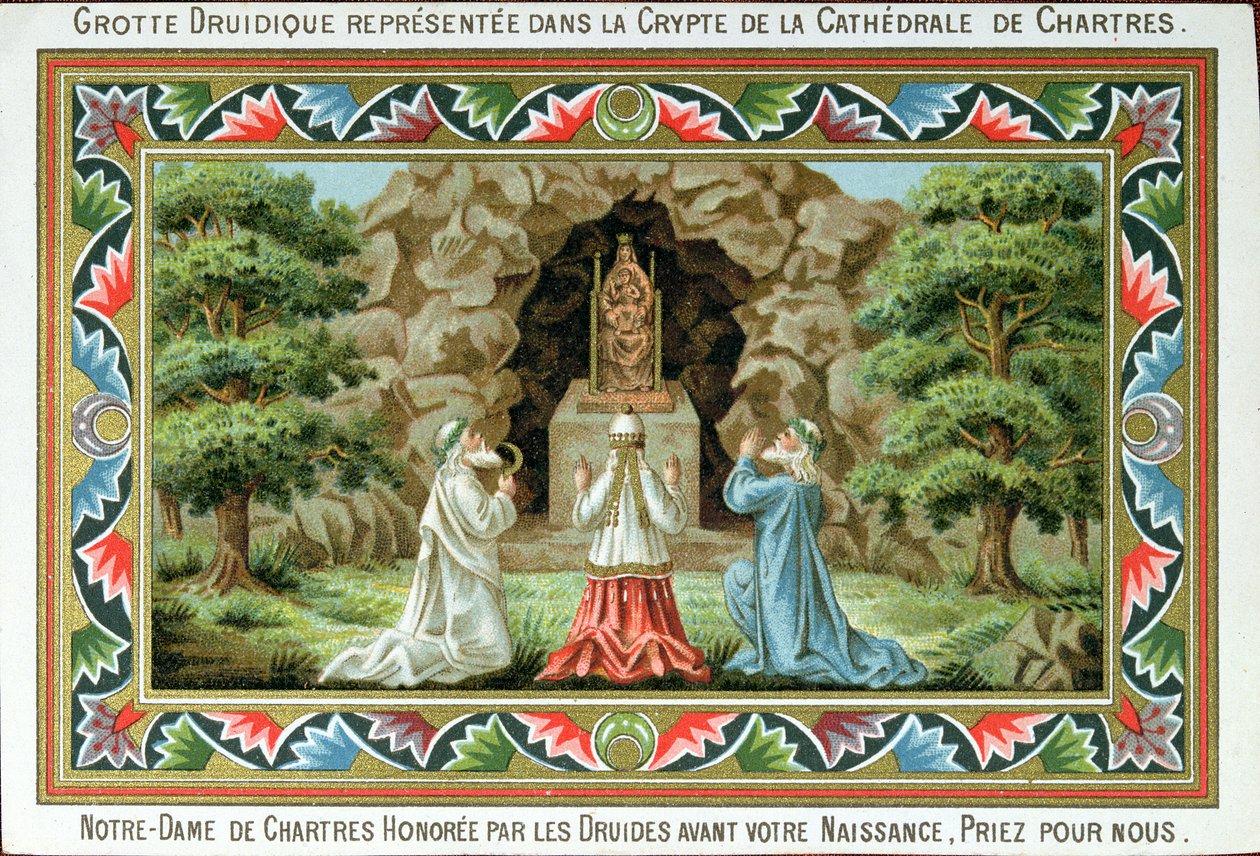 Druider ber ved en statue av Madonna og barnet på stedet for grotten i Chartres, 1887 av French School