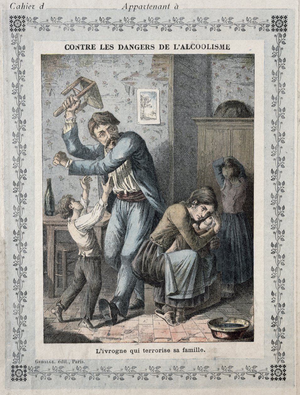 Drunkard terroriserer familien sin, omslag til en skoleoppgavebok. ca. 1900 av French School