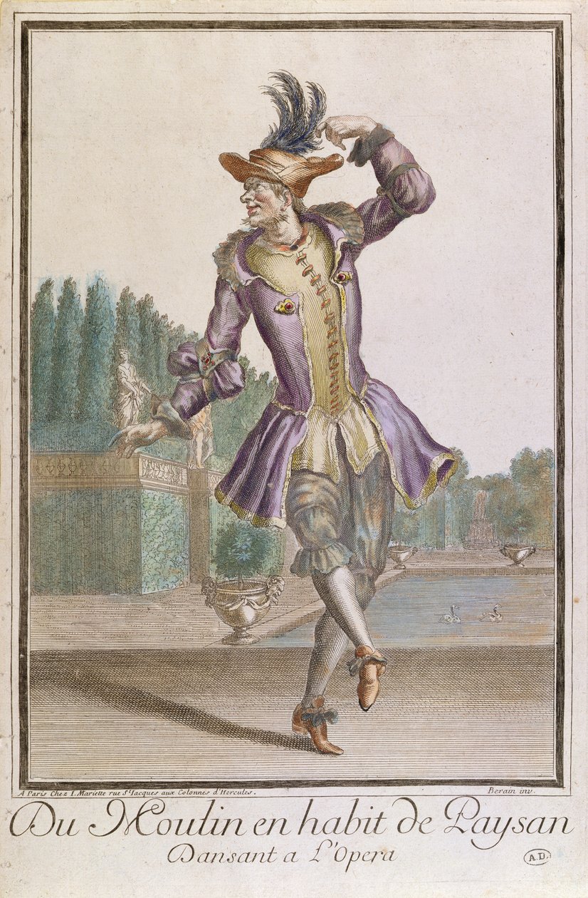 Du Moulin in a Peasants Costume for a ballett at LOpera, utgitt av Mariette, sent på 1600-tallet av French School