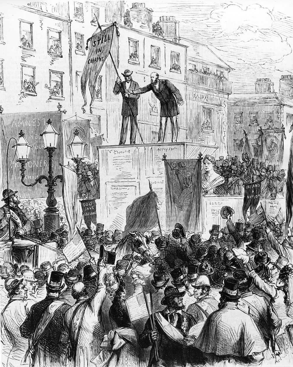 Dublin - Feiringer av hundreårsjubileet for Daniel OConnells fødsel: Mr. Sullivan MP, hyller folket i Sackville Street, fra Le Monde Illustré, 1875 av French School
