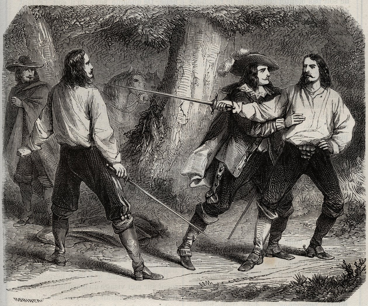 Duel has the sword between the Viscount of Cahuzac and the Marquis of Gesvres, whose queen of France Anne of Austria is in love, in the woods of Vincennes. 17th century. Engraving from 1871 in “Histoire Des Cocuses Celebres”” by Henry de Kock (1819-1892). av French School