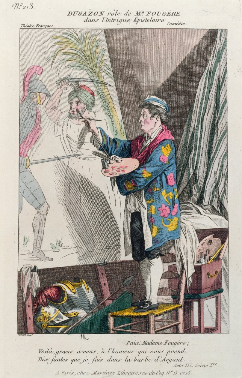 Dugazon i rollen som maleren, Fougère, i Intrigue Epistolaire, produsert i Paris på Théâtre Français, 1799 (fargegravering) av French School