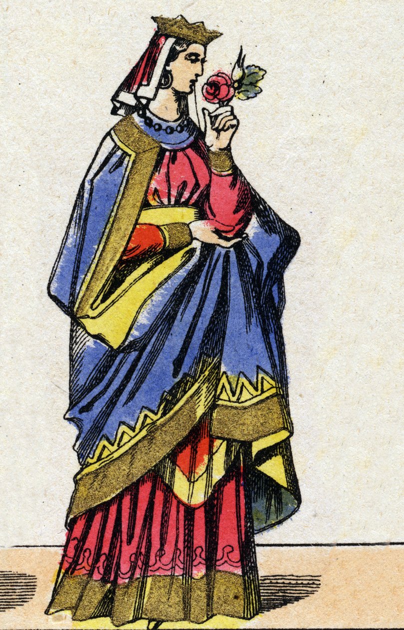 Capetians dynasti: Portrett av Berthe av Holland eller Berthe av Friesland (1058-1093) Dronning av Frankrike, kone til Filip I av Frankrike (1052-1108). Epinal avbildning fra slutten av 1800-tallet. Privat samling. av French School