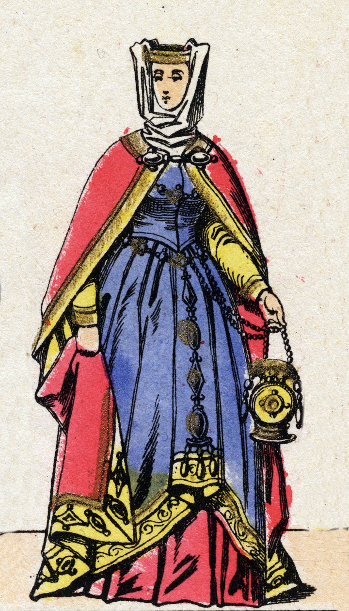 Kapetianernes dynasti: Portrett av Isabella av Aragon (1247-1271), dronning av Frankrike, kone til Filip III kjent som Hardi (1245-1285). Epinal avbildning fra slutten av 1800-tallet. Privat samling. av French School