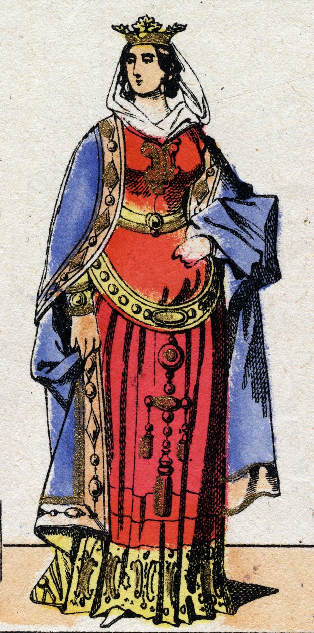 Karolingernes dynasti: Portrett av Bertrade eller Berthe av Laon kjent som Berthe au Grand Pied (720-783) Dronningen av Francs kone til Pepin le Brief (715-768). Epinal avbildning fra slutten av 1800-tallet. Privat samling. av French School