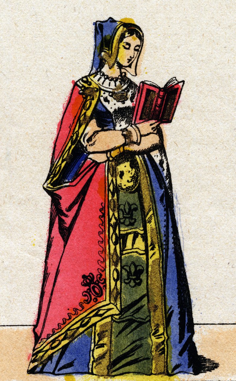 Valois-dynastiet: Portrett av Anne av Bretagne (1477-1514), dronning av Frankrike, kone til Charles VIII (1470-1498). Epinal avbildning fra slutten av 1800-tallet. Privat samling. av French School
