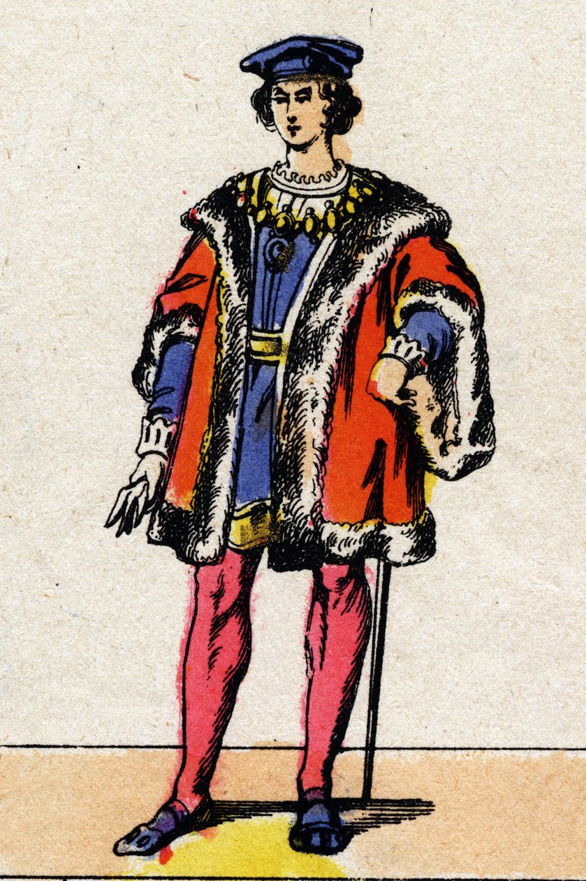 Dynasty of the Valois: Portrett av Charles VIII (1470-1498), konge av Frankrike fra 1483 til 1498. Epinal avbildning fra slutten av 1800-tallet. Privat samling. av French School