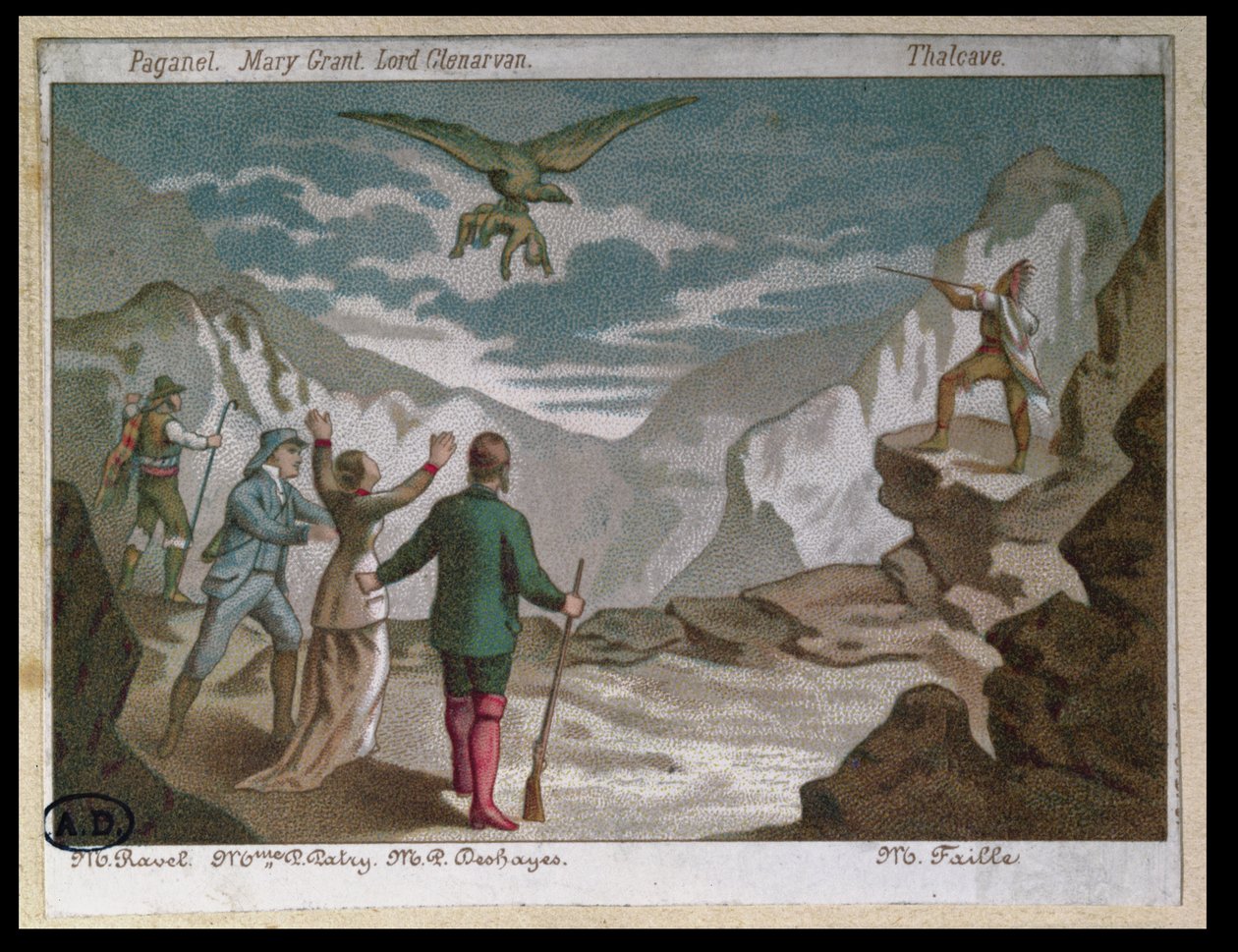 Eagle Carrying a Child Away, vignett som illustrerer et skuespill tilpasset fra Jules Vernes roman 'The Captain Grant's Children' (farge litho) (detalj av 163140) av French School