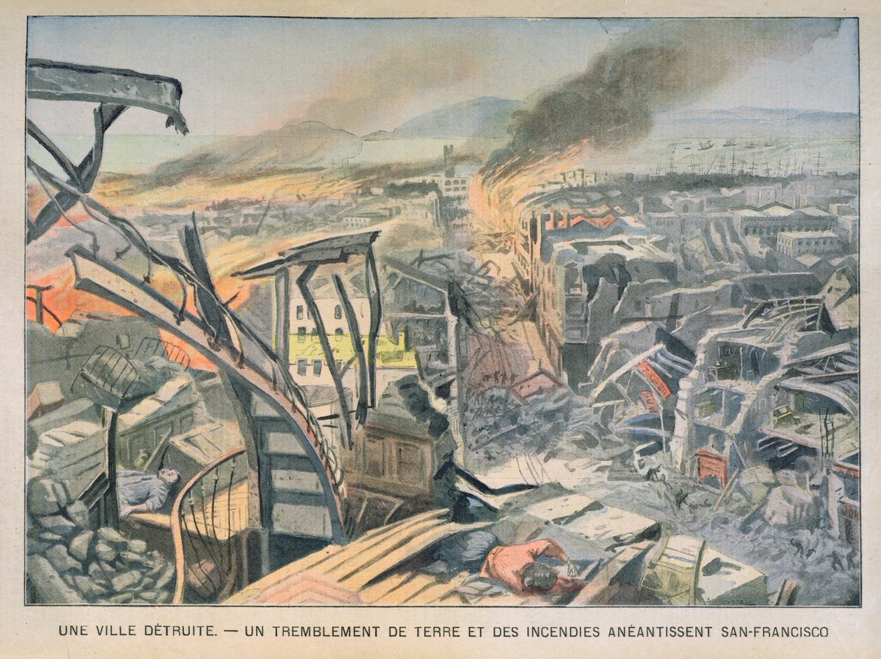 Jordskjelv og branner i San Francisco 18. april 1906, illustrasjon fra Le Petit Parisien 6. mai 1906 av French School