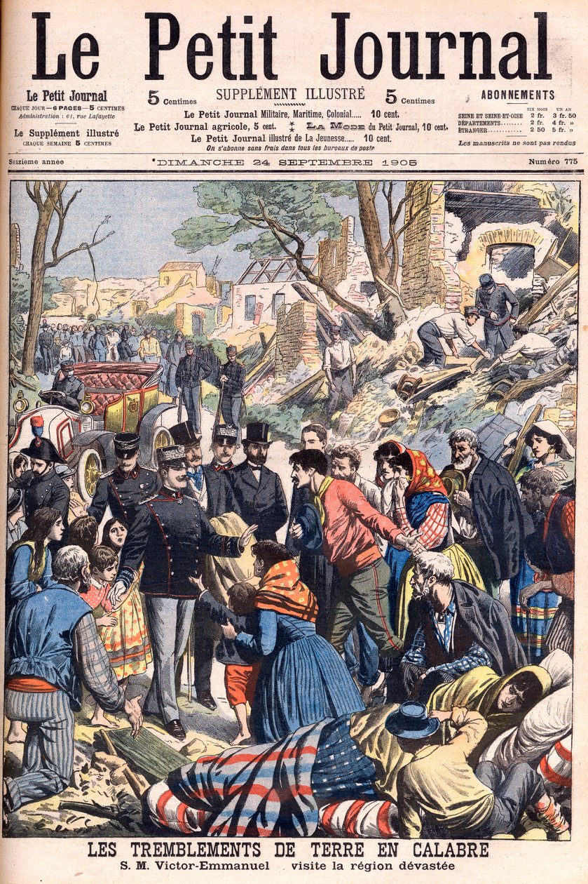 Jordskjelv i Calabria, Italia. Kong Victor Emmanuel III besøker de ødelagte områdene. Jordskjelv i Calabria. SM Victor-Emmanuel besøker devastee-regionen. Illustrasjon for Le petit Journal, 24. september 1905. Victor Emmanuel III av Italia (Vittorio Em) av French School
