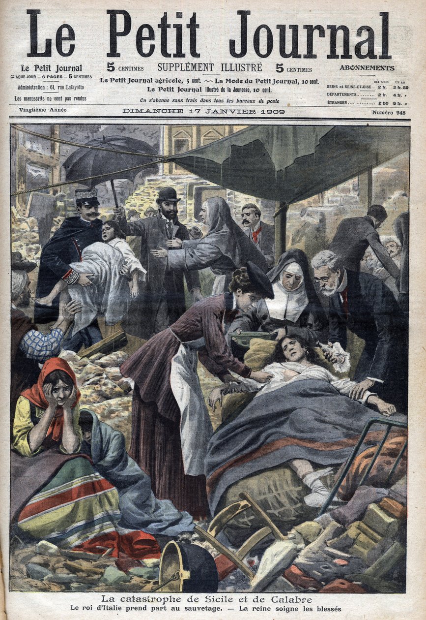 Earthquake in Sicily, Calabria 1909 "Le Petit Journal” of January 1909 (engraving) av French School