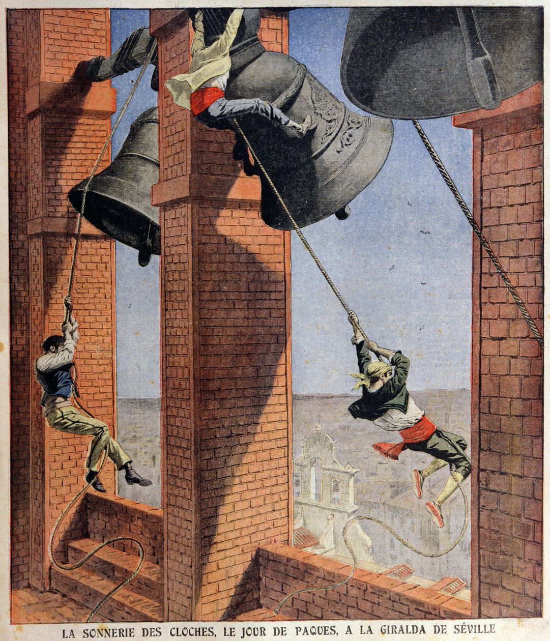 Påskeklokke som ringer ved Giralda i Sevilla, omslagsillustrasjon for Le Petit Journal, 19. april 1908 av French School