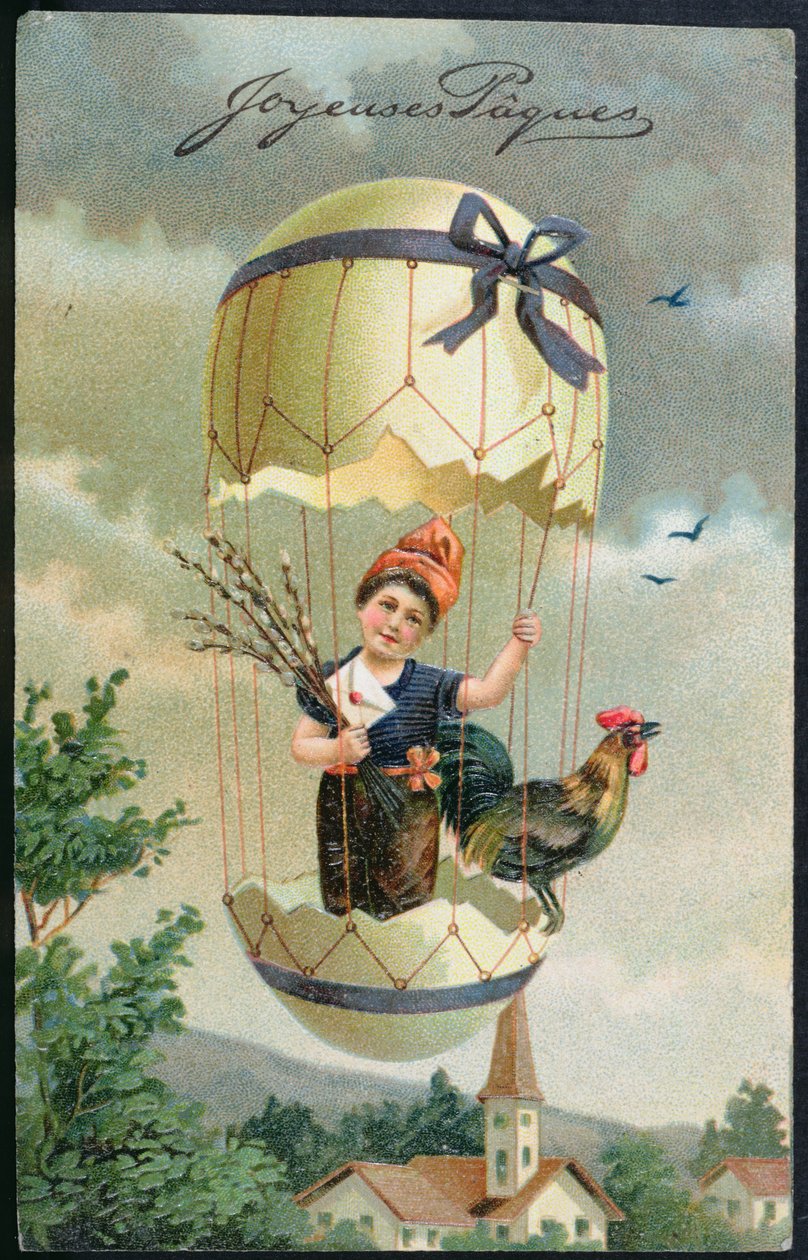 Påskepostkort som viser et barn i et egg, ca. 1905 av French School