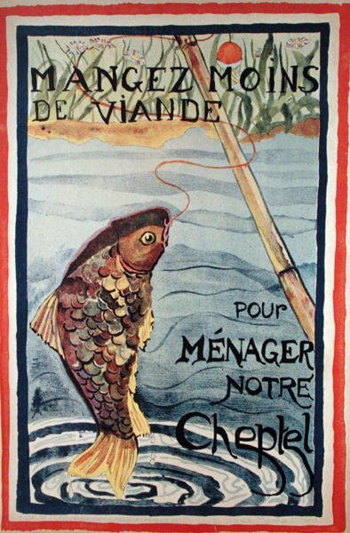 "Spis mindre kjøtt for å skåne husdyrene våre" (farge litho) av French School