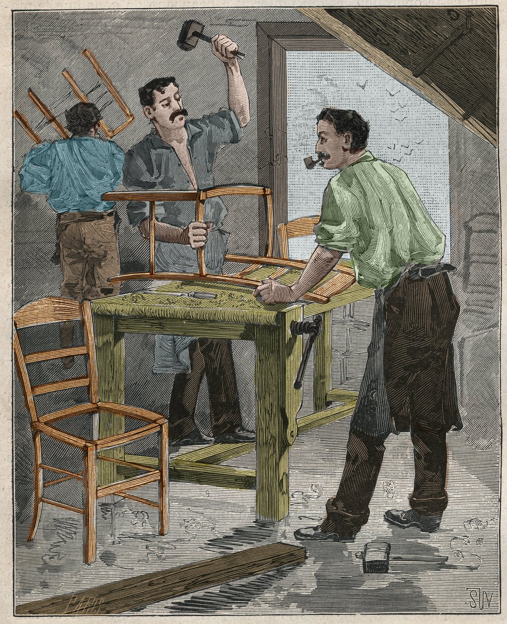 Ebenisterie: montering av stoler på 1800-tallet i Frankrike. Gravering fra 1885 i "" Les arts et metiers illustres"" av Adolphe BITARD. av French School
