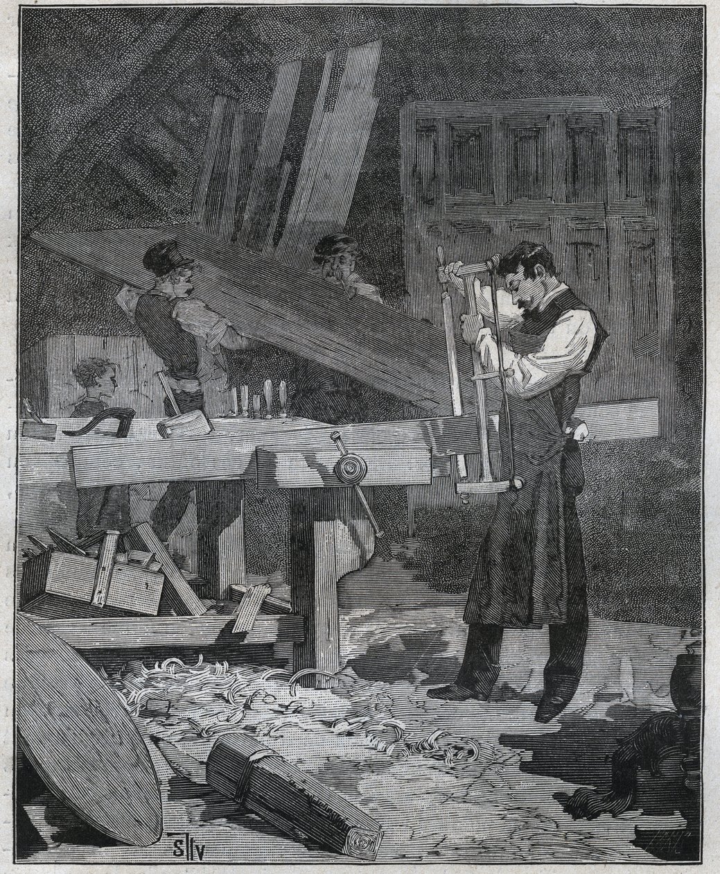 Ebenisterie: ebenistarbeider som deler et styre på det etablerte. Gravering fra 1885 i "" Les arts et metiers illustres"" av Adolphe BITARD. av French School