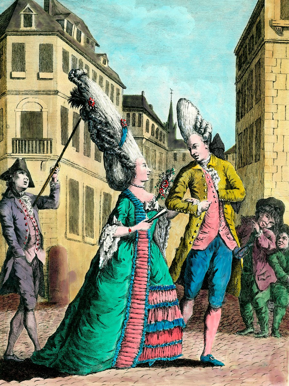 Eksentriske frisyrer på 1700-tallet: den franske kvinnen på tur. Gravering fra 1700-tallet. Privat samling. av French School