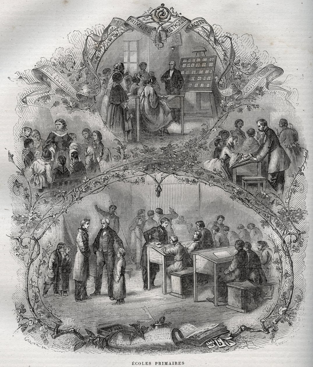 Grunnskoler i Frankrike på 1800-tallet - gravering i - New National Encyclopedia av Maurice La Charest - 1870 - av French School