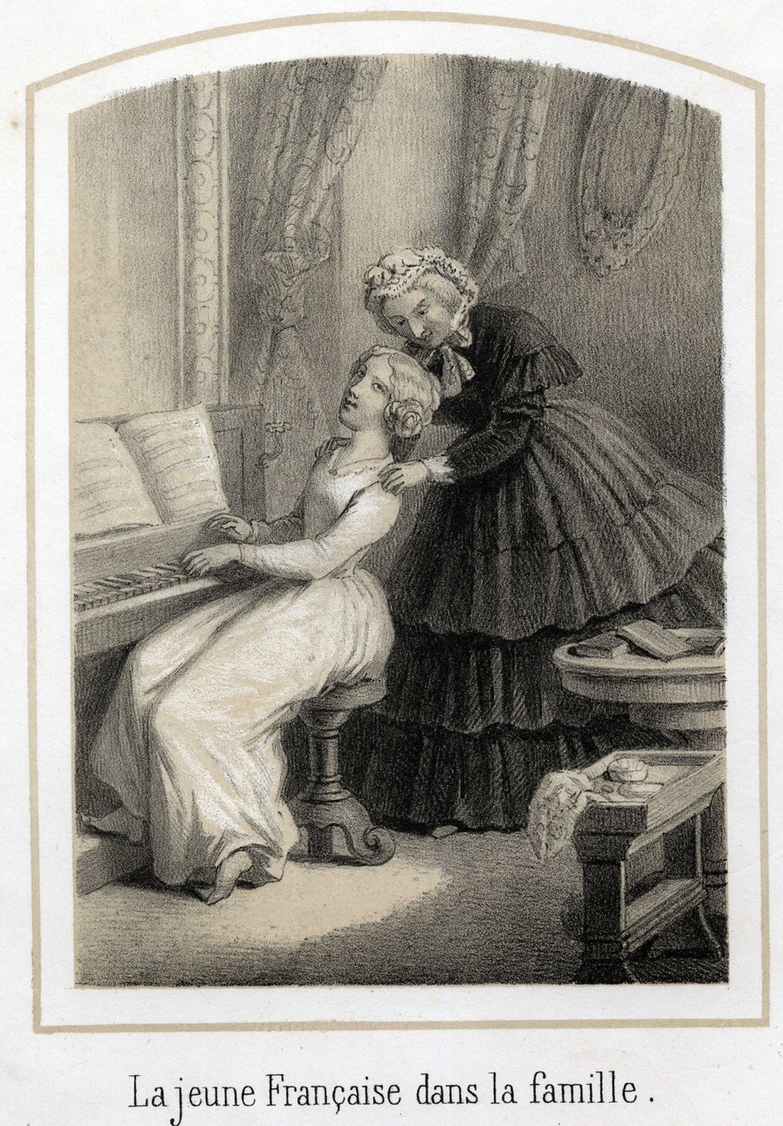 Utdanning for unge jenter med gode familier: En ung fransk kvinne som sitter på pianoet blir overtatt av husholdersken. Anonym gravering fra 1800-tallet av French School