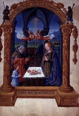 Egerton 940 f.9 The Nativity, fra The Treasure (Seven Articles of Faith) av Jean de Meung (vellum) av French School