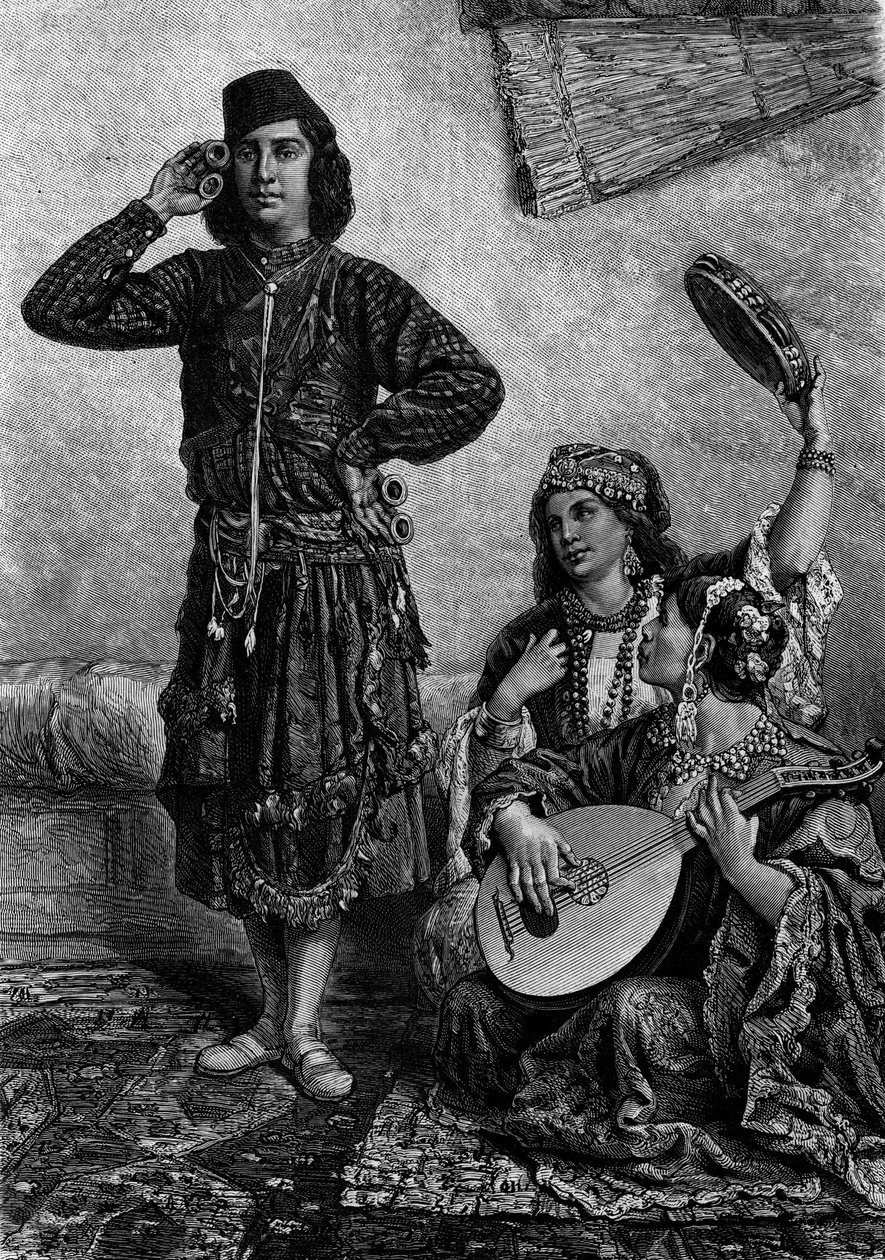 Egyptiske musikere og dansere. Mannen holder cymbaler mellom fingrene. Gravering i "" Le Journal de la jeunesse"" av French School