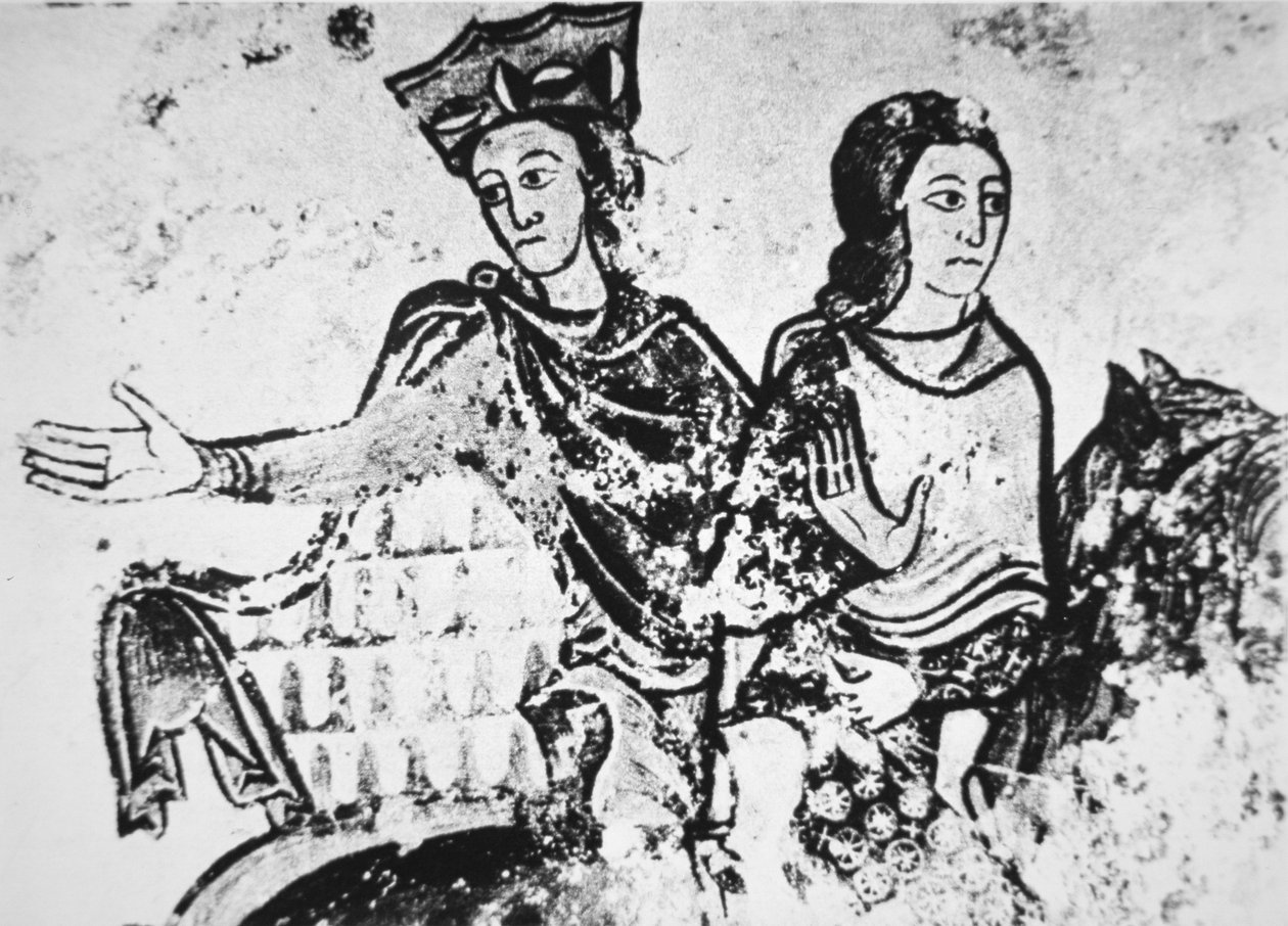 Eleanor av Aquitaine med en ridekamerat (veggmaleri) av French School