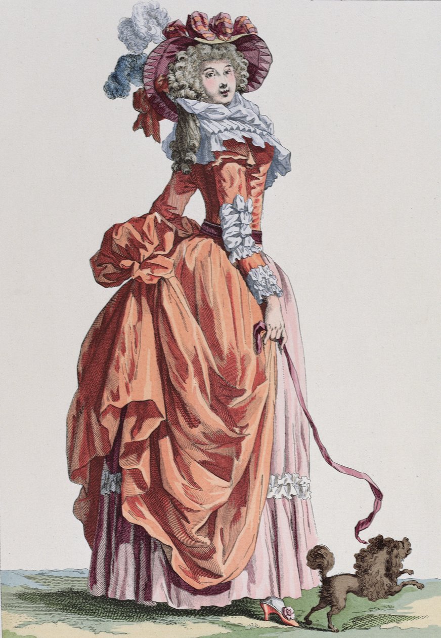 Elegant Woman with her doggie, moteplate fra Galerie des Modes et Costumes Francais, gravert av Bacquoy (fargegravering) av French School