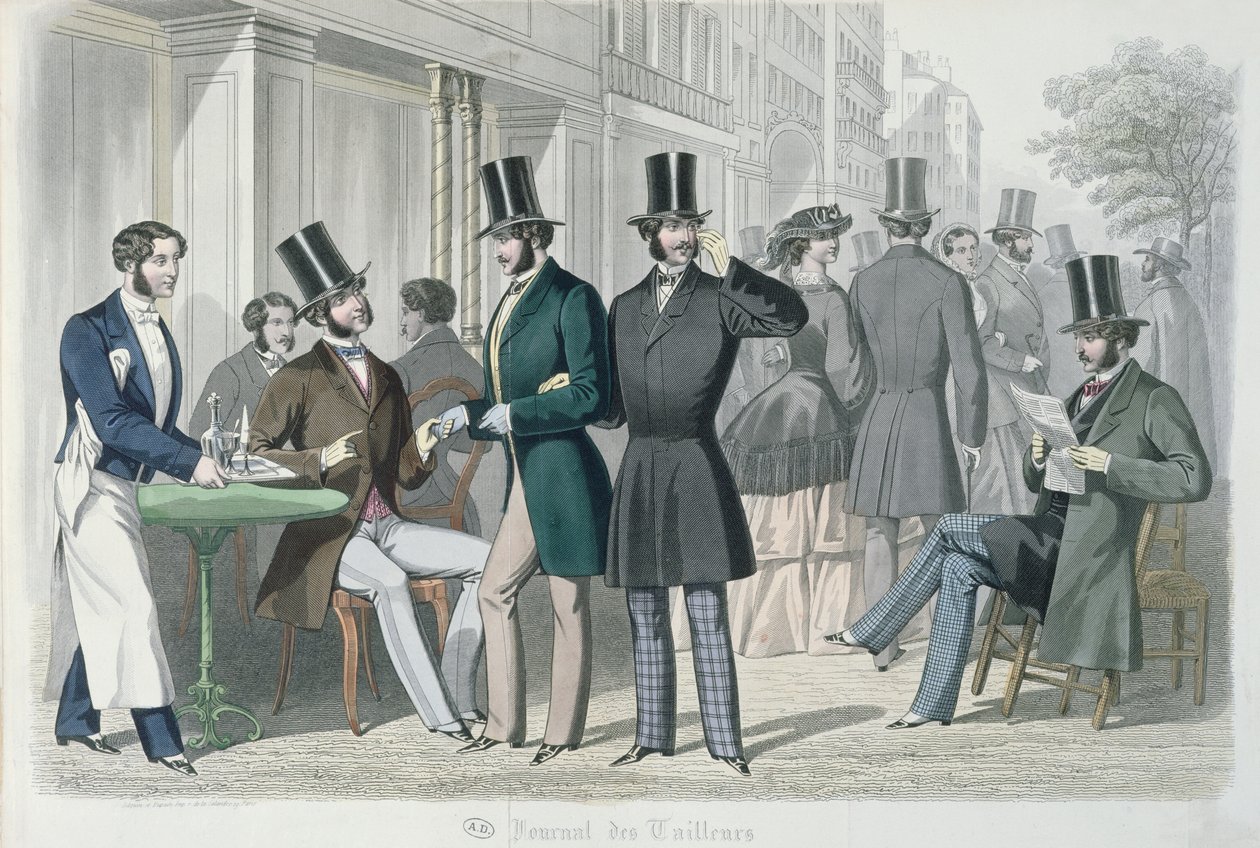 Elegante unge menn på terrassen til en kafé, 1857 (fargegravering) av French School
