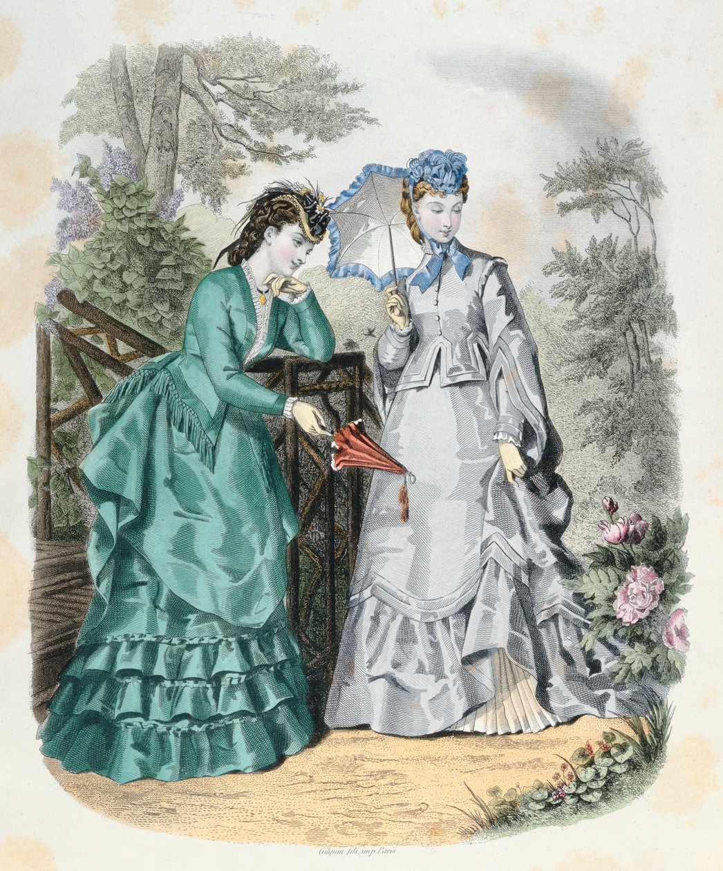 Elegante kvinner i en hage, fra La Mode Illustrée, 1871 av French School