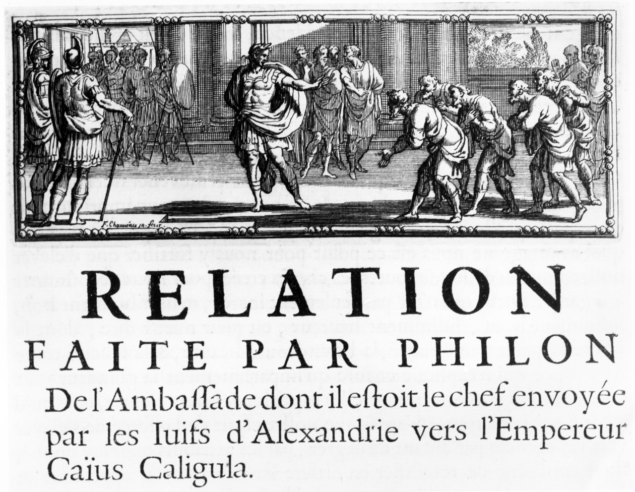 Filos ambassade til den romerske keiseren, Gaius Caligula, kapitteloverskrift illustrasjon fra History of the War of the Jews against the Romans, av Flavius ​​​​Josephus, utgitt i Paris, 1688 av French School