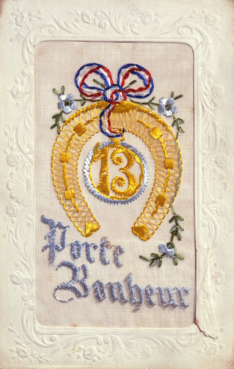 Brodert postkort som viser Good Luck Charms, før 1914 (silke og kort) av French School