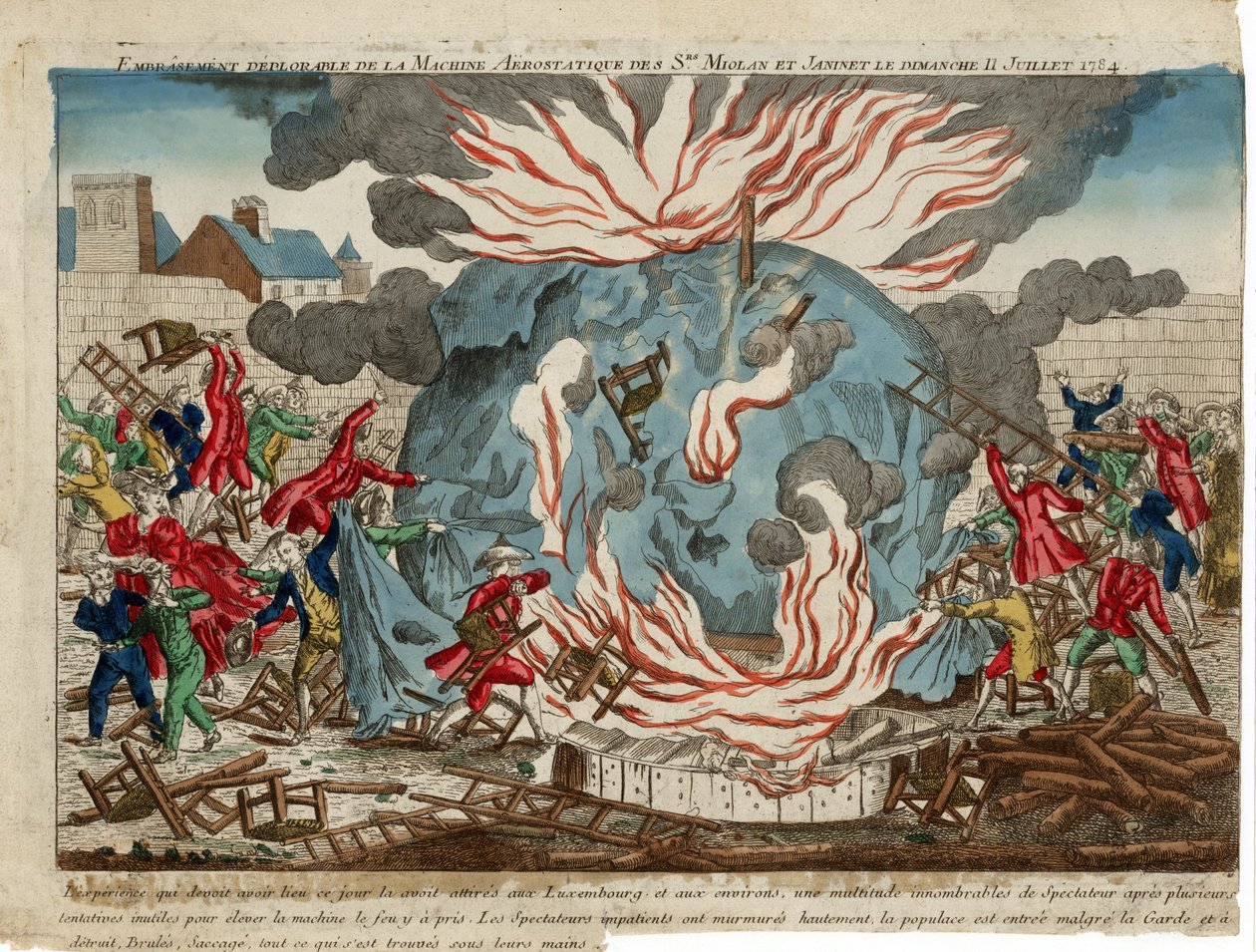 Beklagelig brann i aerostatmaskinen til Srs. Miollan og Janinet søndag 11. juli 1784. pub. 1784 (håndfarget gravering) av French School