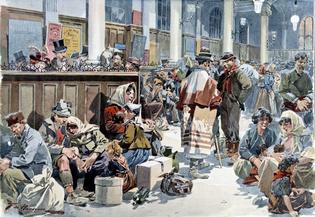 Emigranter som passerer jernbanestasjonen St Lazare (Saint Lazare) (Saint Lazare) i Paris, på vei til Amerika, sent på 1800-tallet av French School