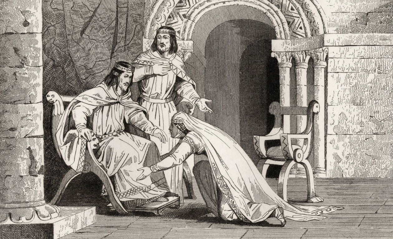 Emme kysser kneet til ektemannen Raoul (d.936) i anerkjennelse av hans suverenitet, fra 'Histoire de France' av Colart, utgitt ca. 1840 av French School