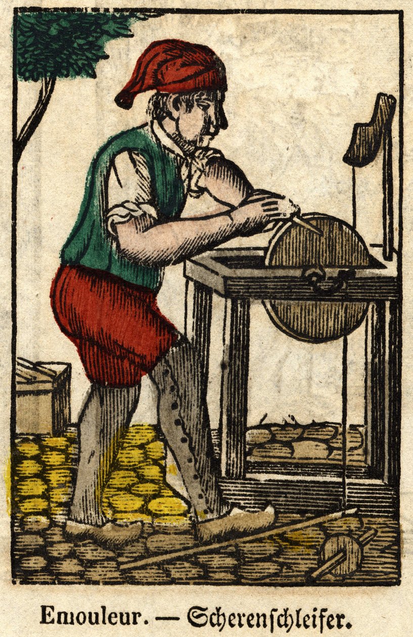 Emouleur (consists in sharpening objects with the grinding wheel); Series on crafts, image of Epinal of the 19th century. av French School