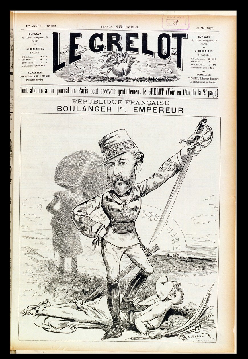 Keiser Boulanger den første, karikatur fra forsiden av Le Grelot, 29. mai 1887 av French School
