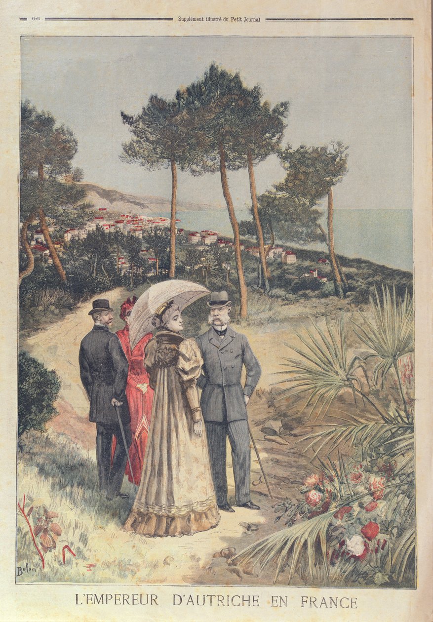 Keiser Franz Josef av Østerrike på ferie i den franske rivieraen med sin kone, keiserinne Elizabeth, 1894 (farge litho0 av French School