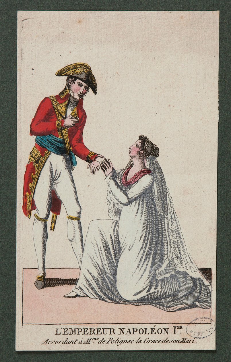 Keiser Napoleon I ifølge Madame de Polignac nåden til mannen hennes av French School