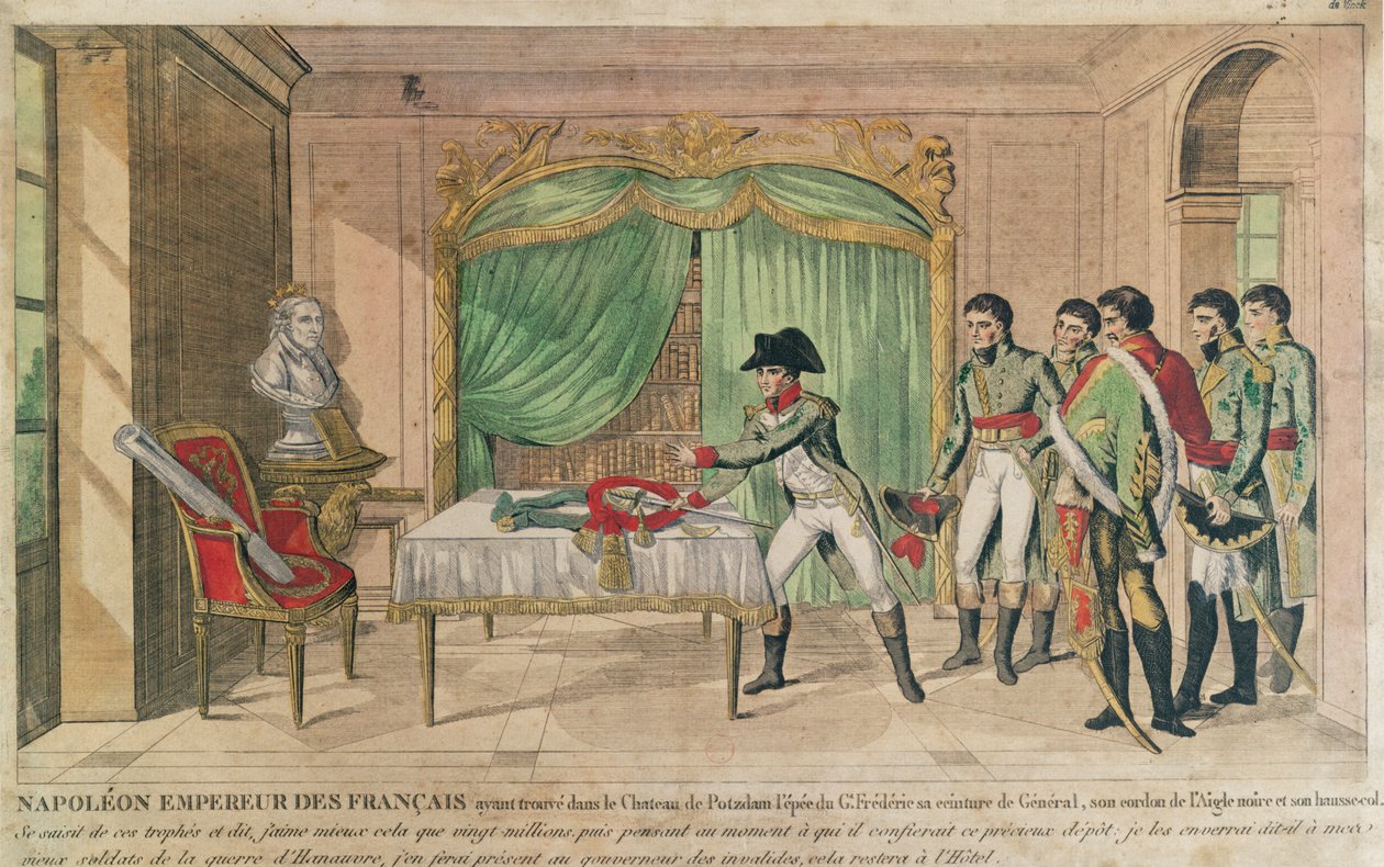 Keiser Napoleon I vurderer sverdet til Fredrik den store i Potsdam i 1806 (fargegravering) av French School