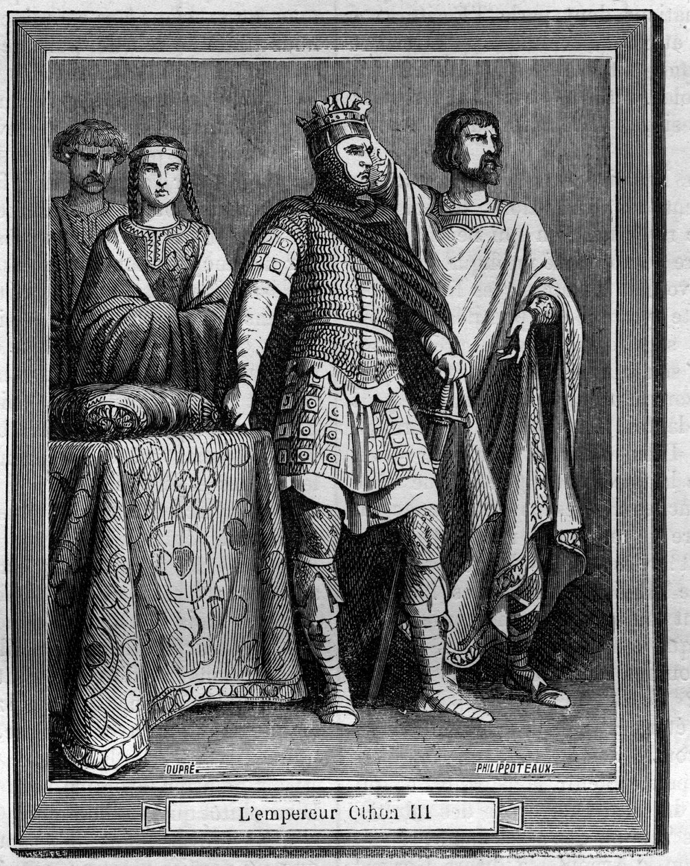 Keiser Othon III (980-1002), tysk romersk keisergravering i "Historien om pave-konge-dronning-og-keisere gjennom århundrene" av Maurice Lachatre av French School