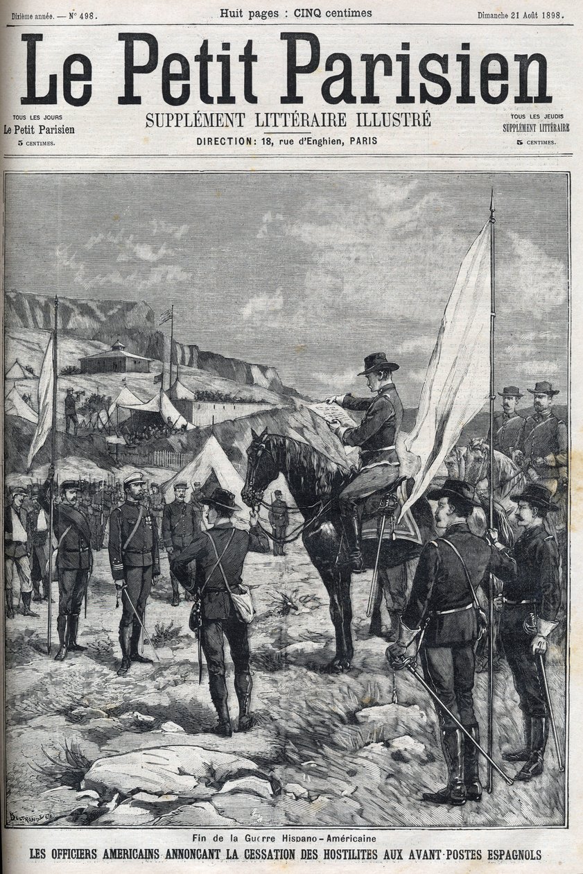 End of the Spanish-American War (American Hispano) in 1898. American officers announcing the cessation of hostilities at the Spanish outposts. Engraving in “” Le petit parisien”” from 1898. av French School