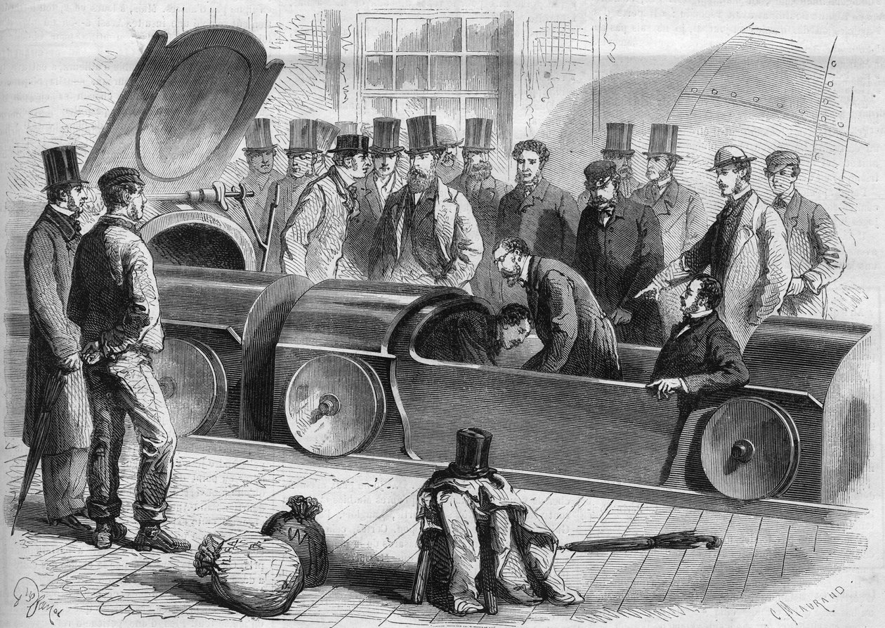 England 1865: London Air Railway. Hertugen av Buckingham og flere medlemmer av selskapet begynte den pneumatiske reisen. Gravering fra 1865. av French School