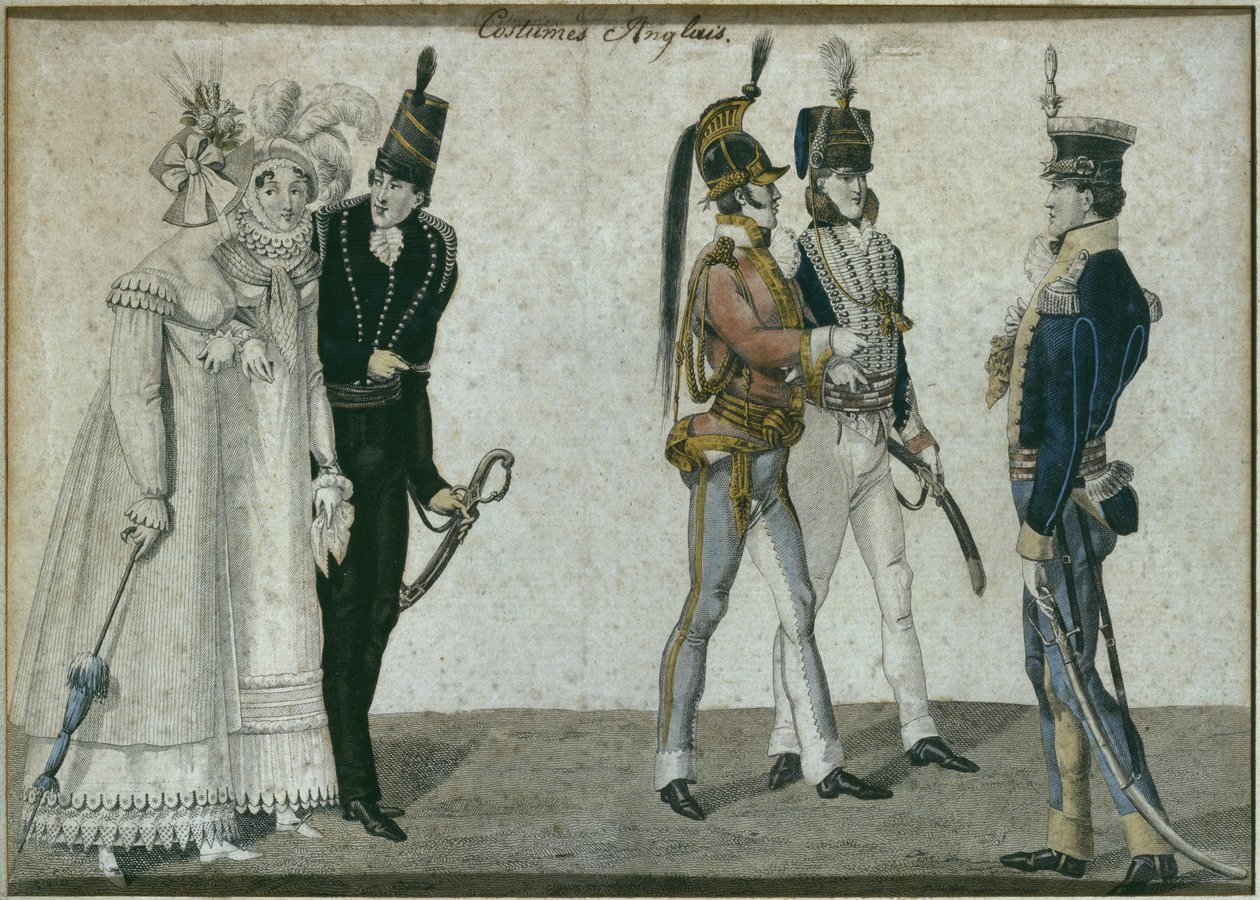 Engelske kostymer, illustrasjon fra Le Bon Genre, tidlig på 1800-tallet (fargegravering) av French School