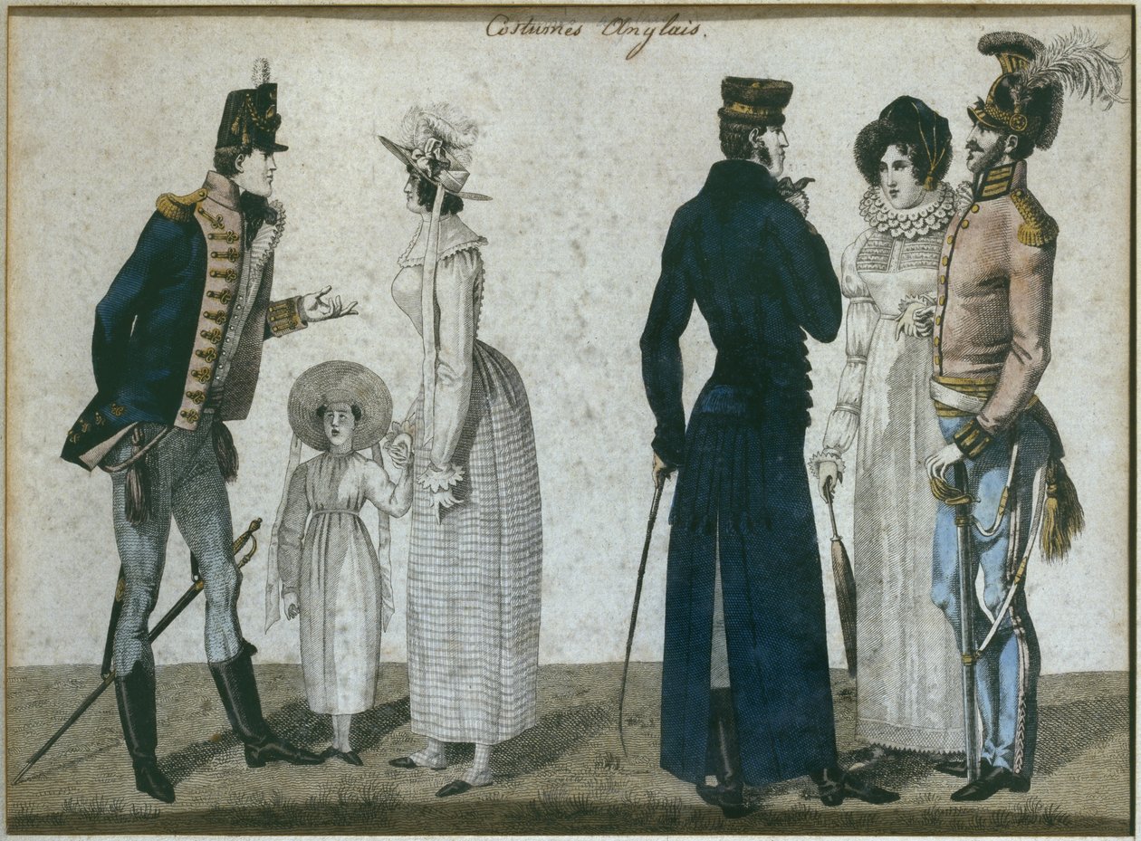 Engelske kostymer, illustrasjon fra Le Bon Genre, tidlig på 1800-tallet (fargegravering) av French School
